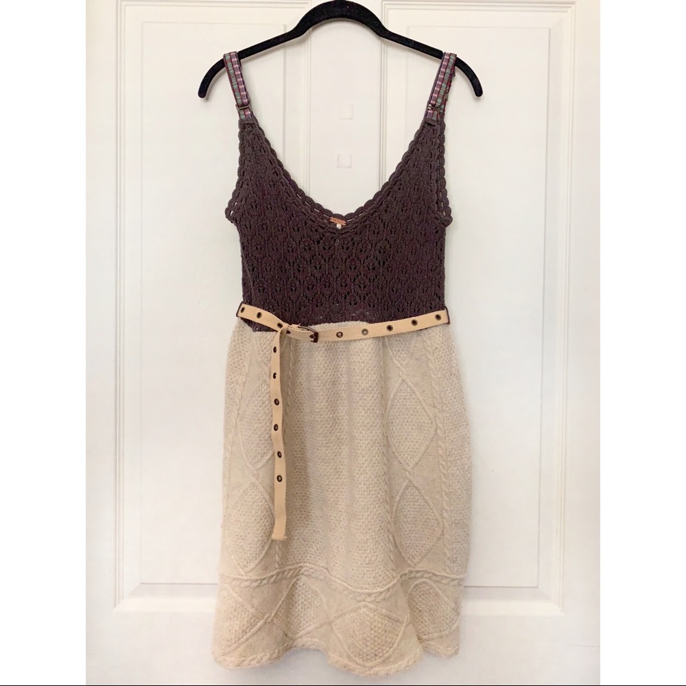 free people brown cream cable knit belted dress
